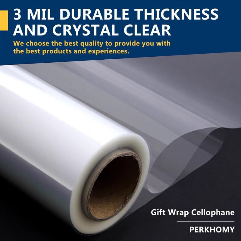PH PERKHOMY PerkHomy Folio Clear Cellophane Wrap Roll 32" x 100' Folded 3 Mil Thick Cellophane For Gift Basket Treats Goodie Wrapping Craft Flower Bouquet Plastic - Image 3